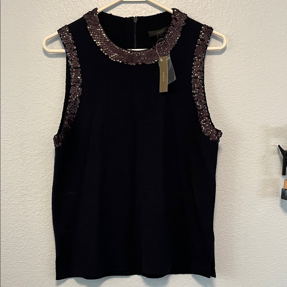 J. Crew Navy Sleeveless Top with Purpleish Grey Sequin Accents